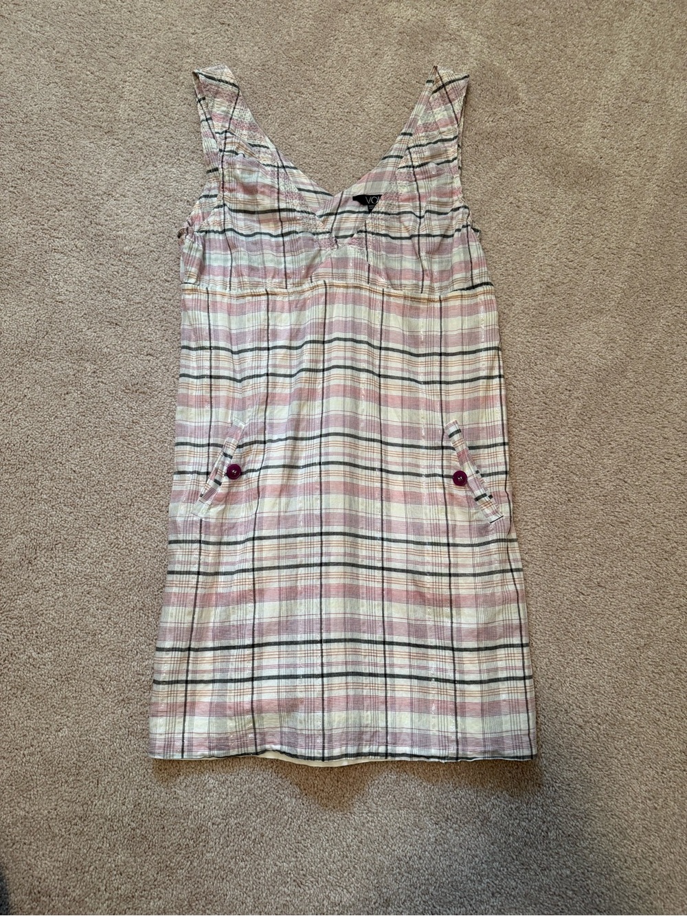 Volcom Women’s Plaid V-Neck Sleeveless Shift Dress Pockets Knee L Pink/Blk